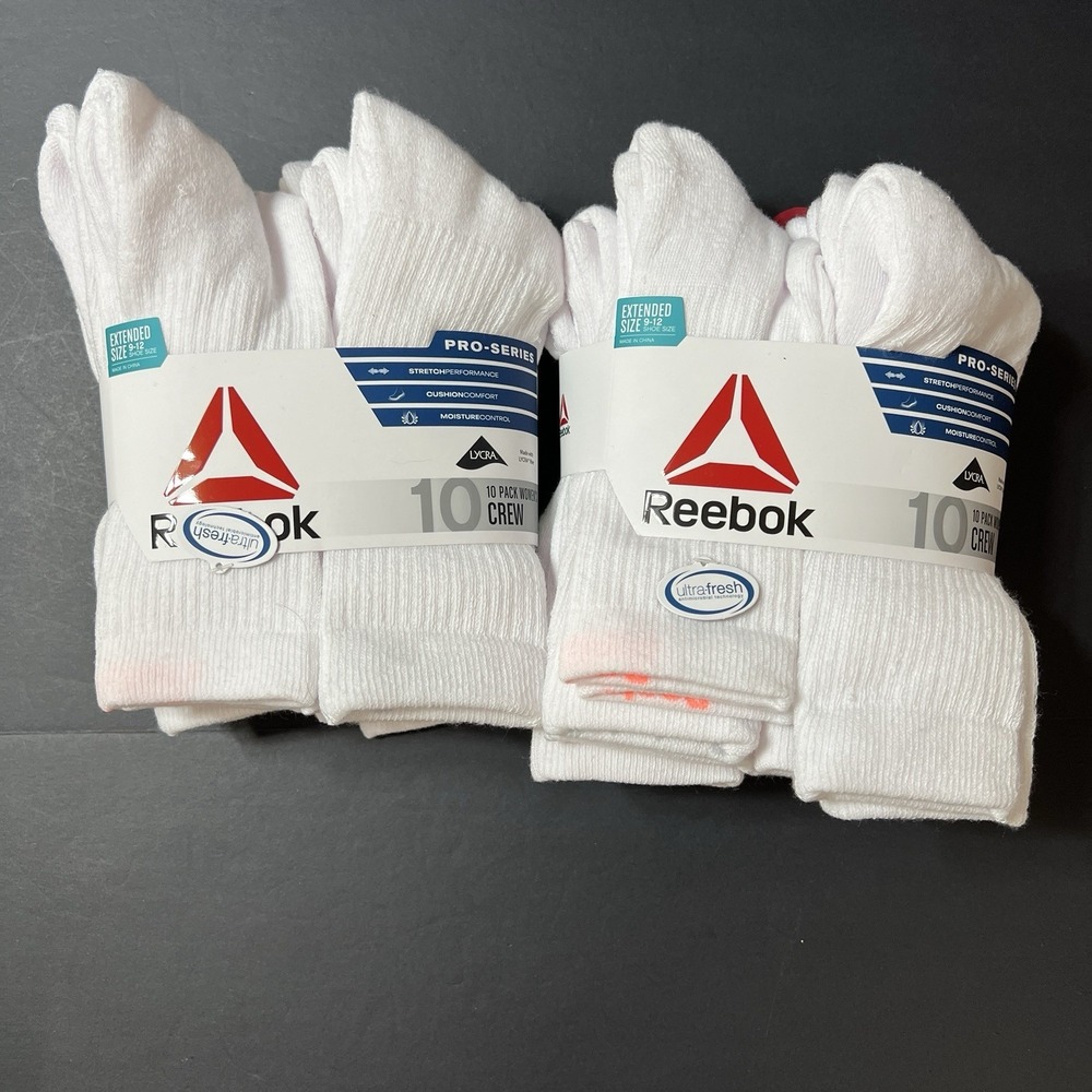 Women's Socks Crew 10 pack (9-12) White Reebok Pro-Series High Quality Lot Of 2